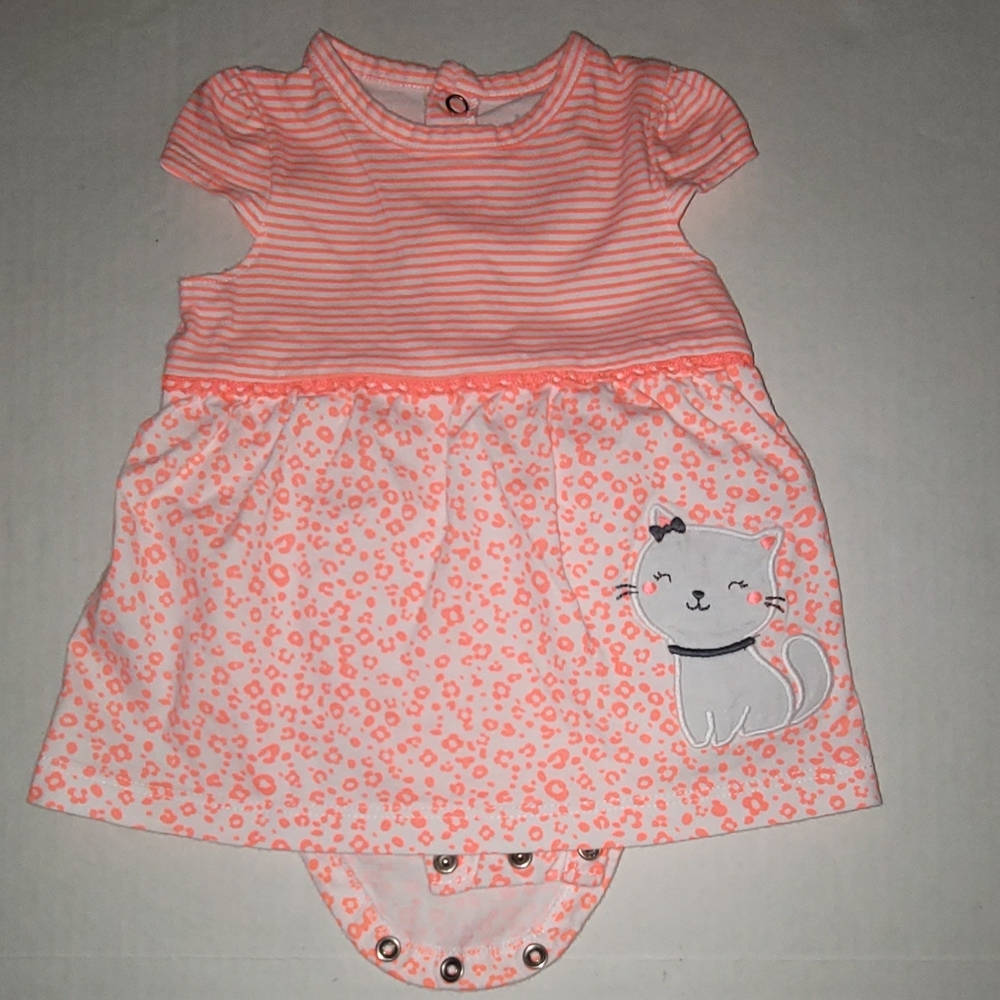 Carters embroidered kitty cat onesie dress stripes orange animal print snaps